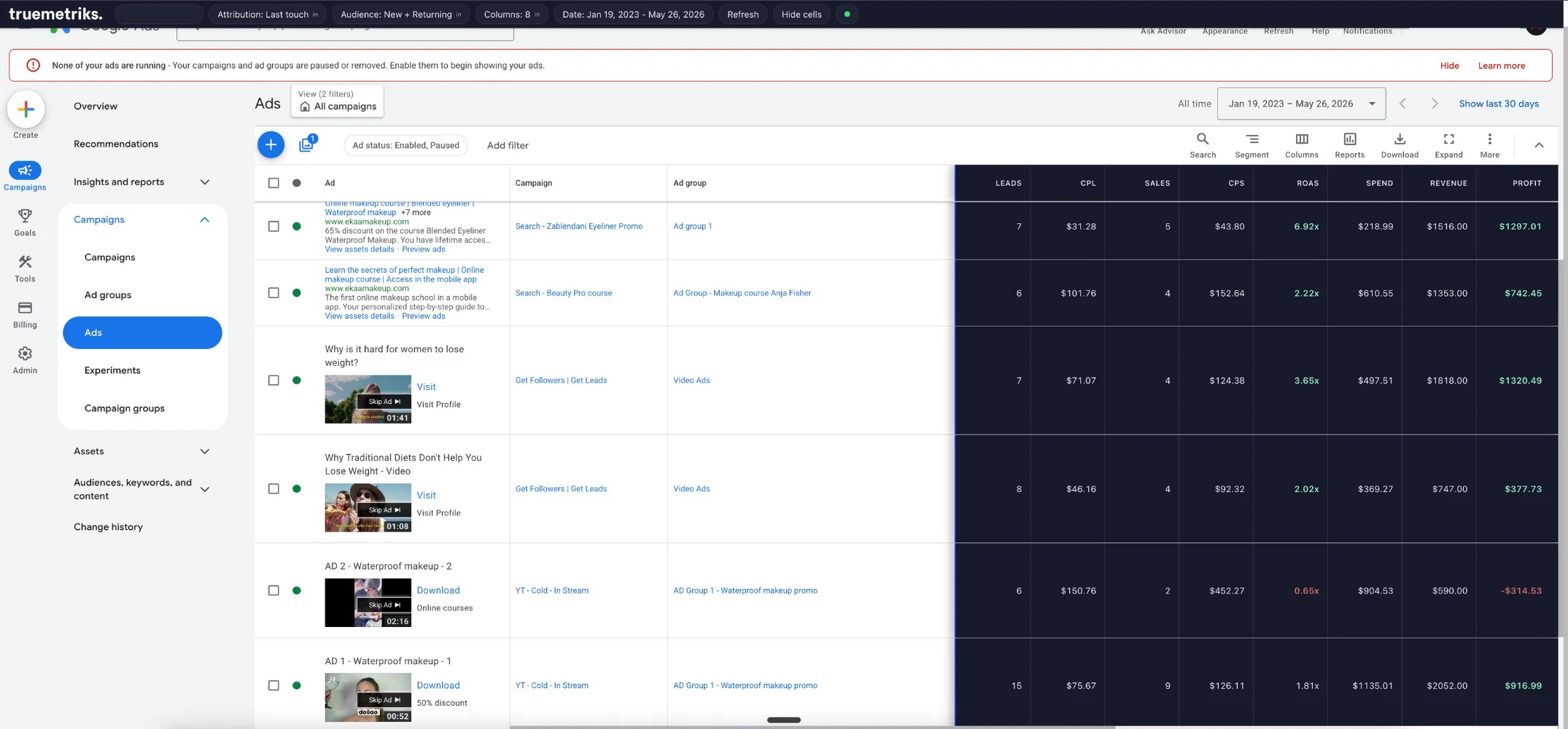 The TrueMetriks Ad Overlay running inside a real Google Ads account